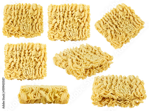 Set of raw instant noodles, noodle briquette isolated from background