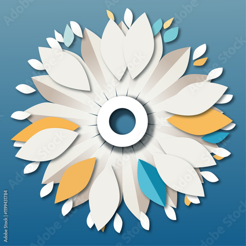 The graphic depicts a stylized flower with a strong emphasis on geometric shapes and a calming color palette.