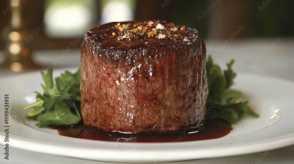 Perfectly seared beef tenderloin, served with a rich red wine reduction and fresh greens.