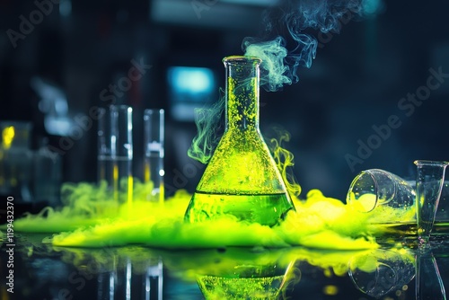 A glowing green liquid spreads on a glossy lab table, surrounded by overturned glassware.