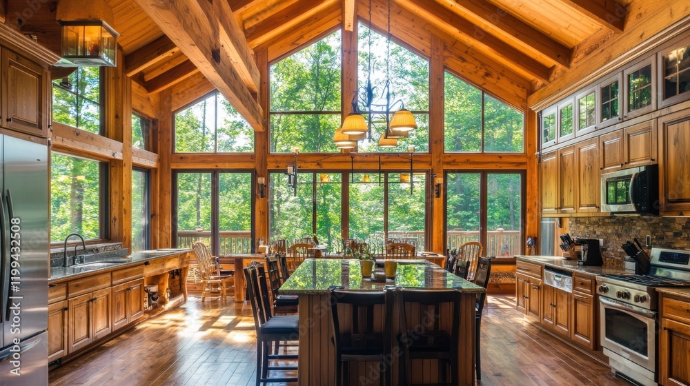 Fototapeta premium A luxurious kitchen with floor-to-ceiling windows, flooding the space with natural light.
