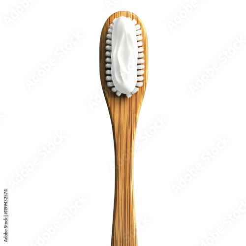 A close-up view of a bamboo toothbrush with a dollop of white toothpaste on its bristles against a white background. photo