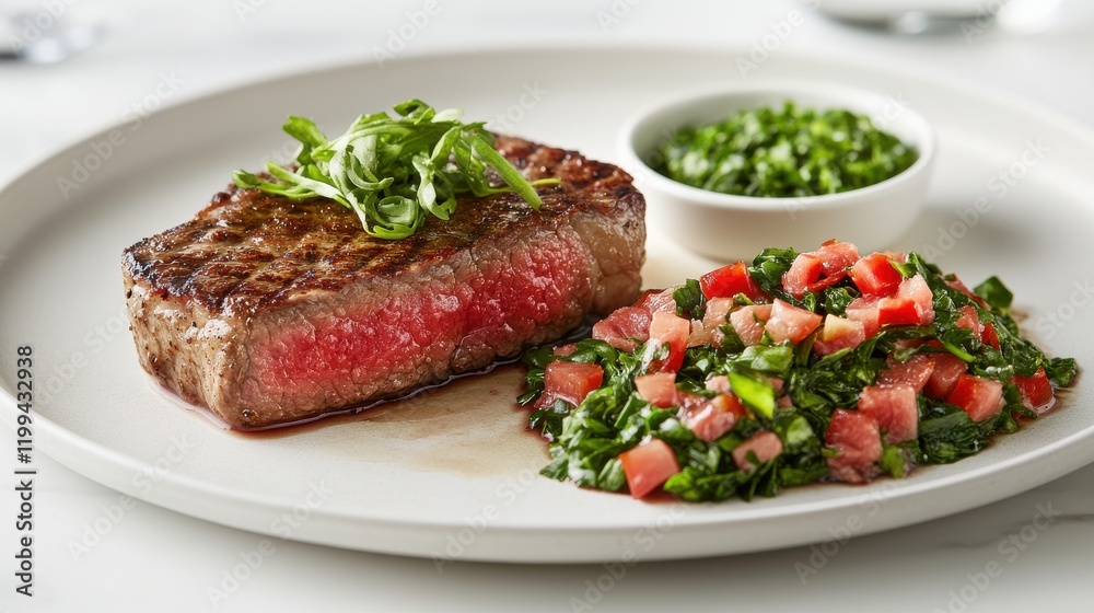 Seared steak with spinach and tomato salad. A delicious and healthy meal, perfect for a restaurant or home-cooked meal. Seared steak with spinach and tomato salad. A delicious and healthy meal, perfect for a restaurant or home-cooked meal.