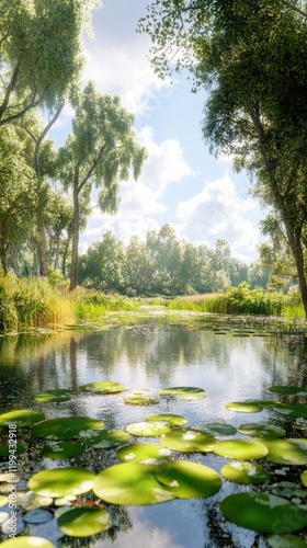 Scenic wetland showcases restored biodiversity with bright natural tones and lush vegetation