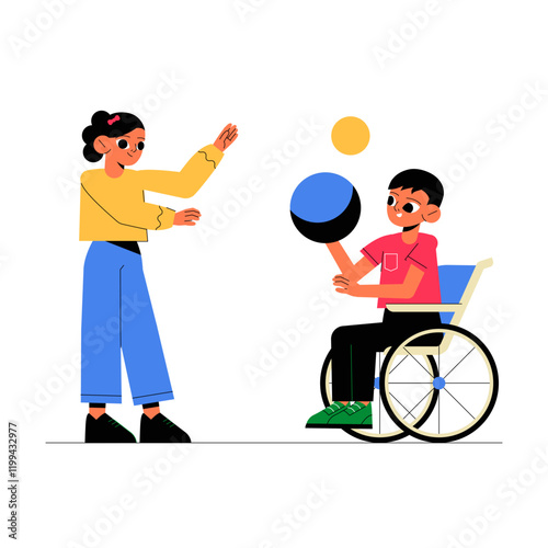 Boy In A Wheelchair Playing Catch With A Girl In Flat Vector Illustration Symbolizing Friendship, Inclusivity, And Play, Isolated On White Background