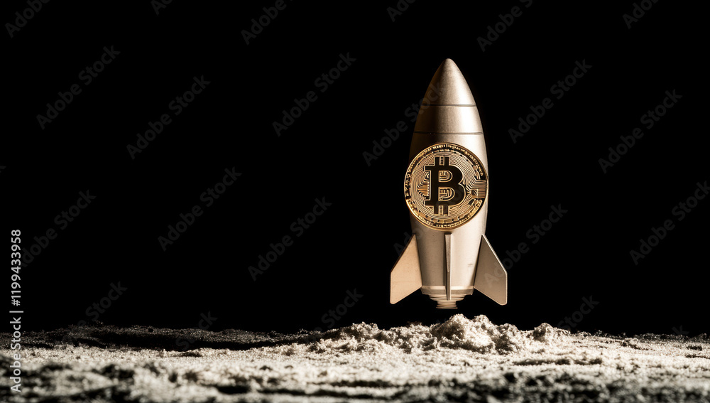 Obraz premium metallic rocket with Bitcoin symbol is launching from sandy surface, symbolizing rise of cryptocurrency and innovation in technology