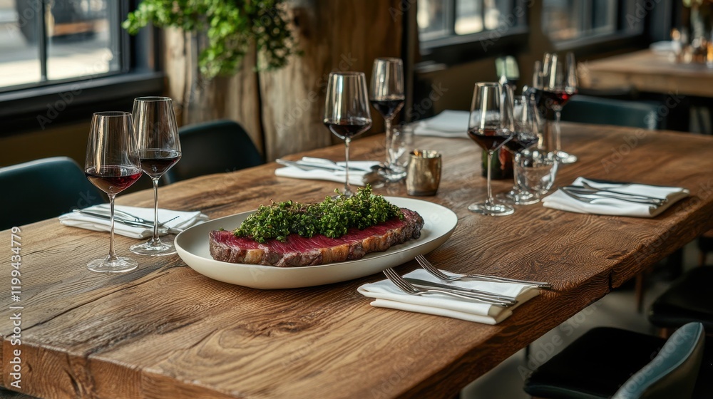 A delicious steak dinner awaits. Elegant table setting with wine glasses and a perfectly cooked steak. A delicious steak dinner awaits. Elegant table setting with wine glasses and a perfectly cooked steak.
