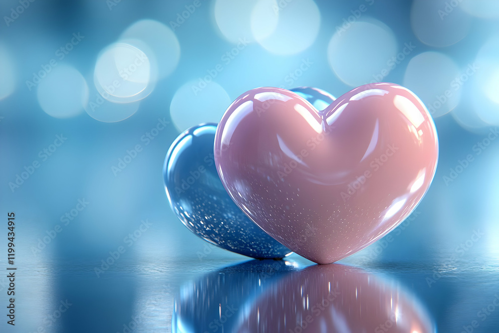 Fototapeta premium Two glossy hearts, blue bokeh, reflection, romance