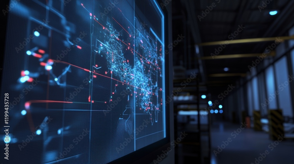 Obraz premium An image of a digital screen displaying a simplified mapping of supply routes pinpointing local suppliers and their direct connections to a nearby manufacturing facility.