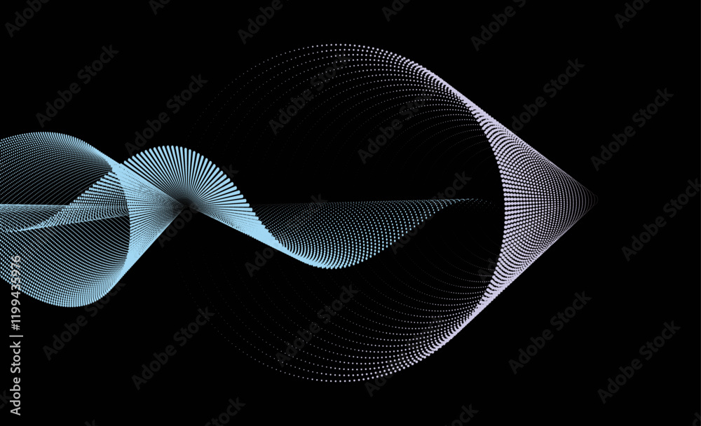 An abstract vector illustration, moving dots forming wave patterns on a black background, the design symbolizes technology, sound, and music.