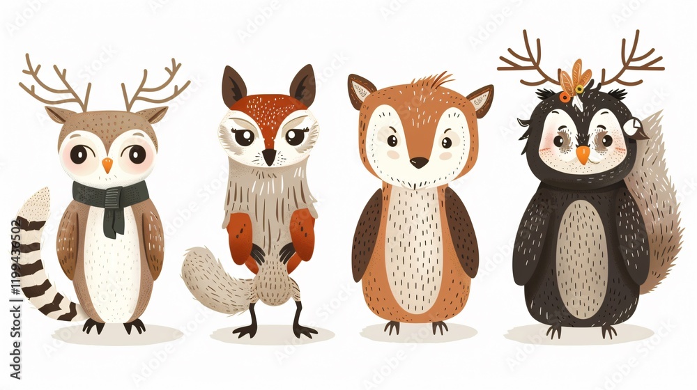 Adorable Woodland Creatures - Owl, Squirrel, Badger, Deer Vector Illustration Adorable Woodland Creatures - Owl, Squirrel, Badger, Deer Vector Illustration