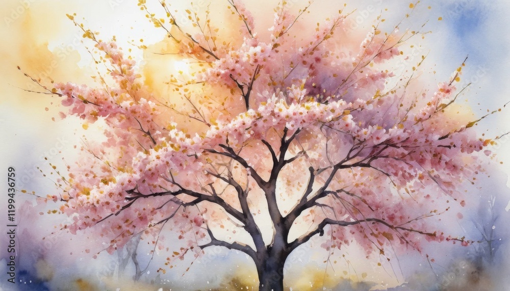Cherry blossom tree in full bloom capturing the essence of spring with delicate pink flowers and warm light in a watercolor illustration
