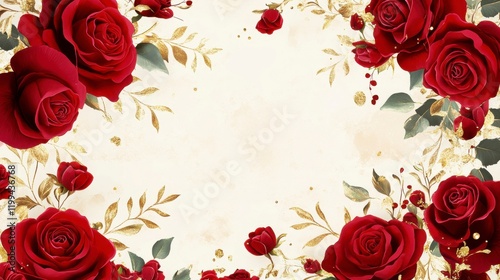 A luxurious wedding invitation card with a lavish red rose frame, featuring deep crimson roses with gold accents. 