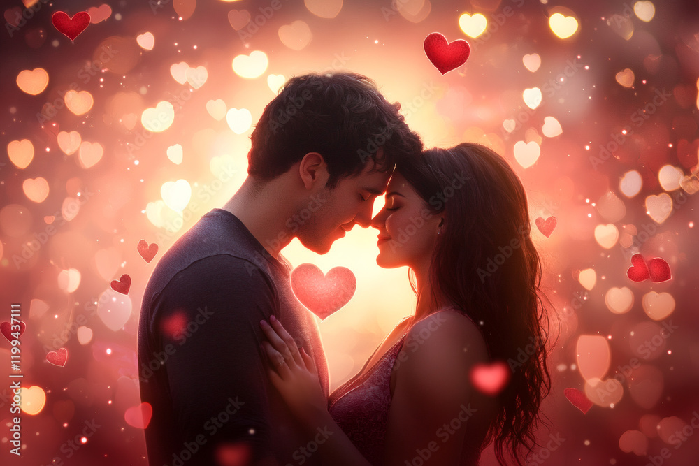 Romantic couple sharing tender moment surrounded by hearts and soft lights, creating dreamy atmosphere of love and connection Romantic couple sharing tender moment surrounded by hearts and soft lights, creating dreamy atmosphere of love and connection