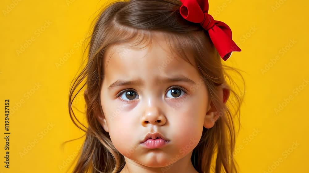 Beautiful little girl with big brown eyes. Child in red clothes on yellow background. Portrait of serious kid with long hair. Banner with place for text
Beautiful little girl with big brown eyes. Child in red clothes on yellow background. Portrait of serious kid with long hair. Banner with place for text