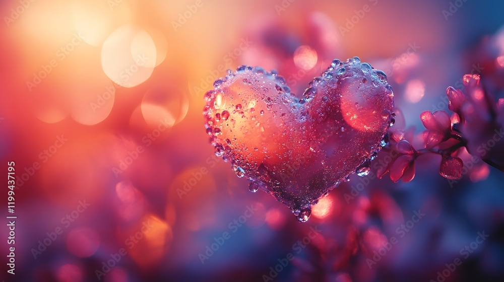 Icy heart adorned with dew, nestled amongst vibrant blossoms. Icy heart adorned with dew, nestled amongst vibrant blossoms.