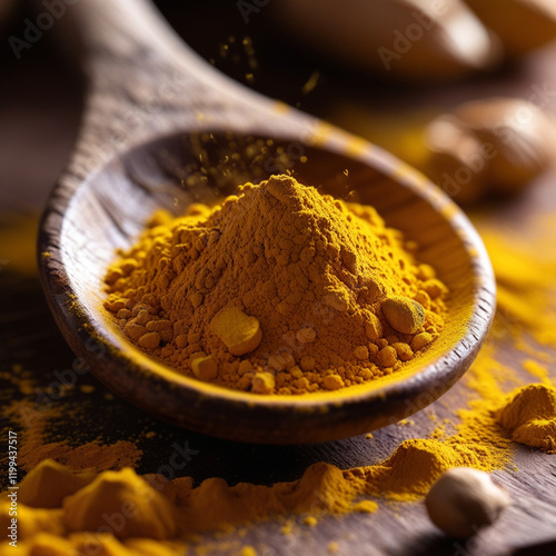 Using wooden spoons, serve curry and turmeric powder.