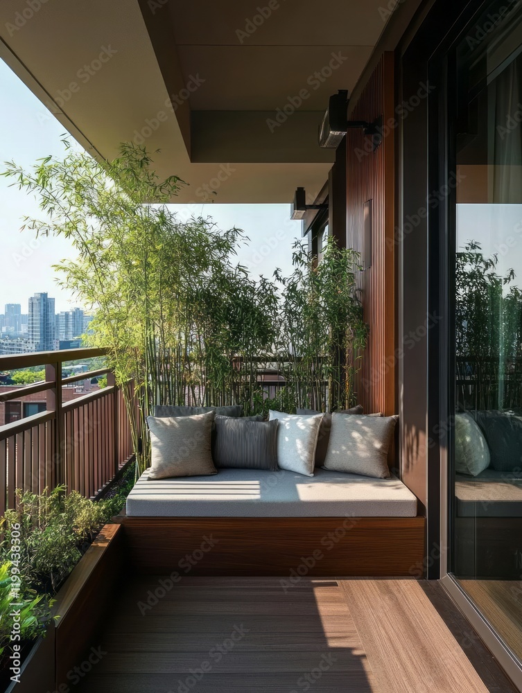 Fototapeta premium Serene Balcony Oasis with Bamboo and Modern Seating