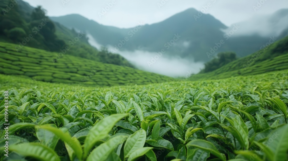 Fototapeta premium Lush green tea fields stretch towards misty mountains under a serene sky, creating a tranquil and picturesque landscape.