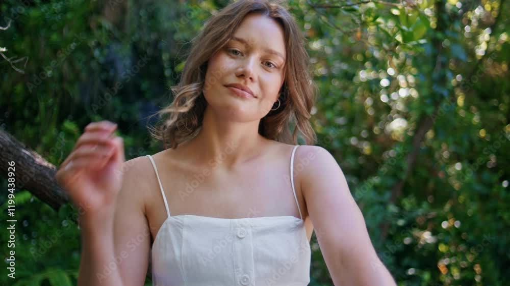 Closeup woman touching hair posing forest. Portrait sensual model in jungles Closeup woman touching hair posing forest. Portrait sensual model in jungles