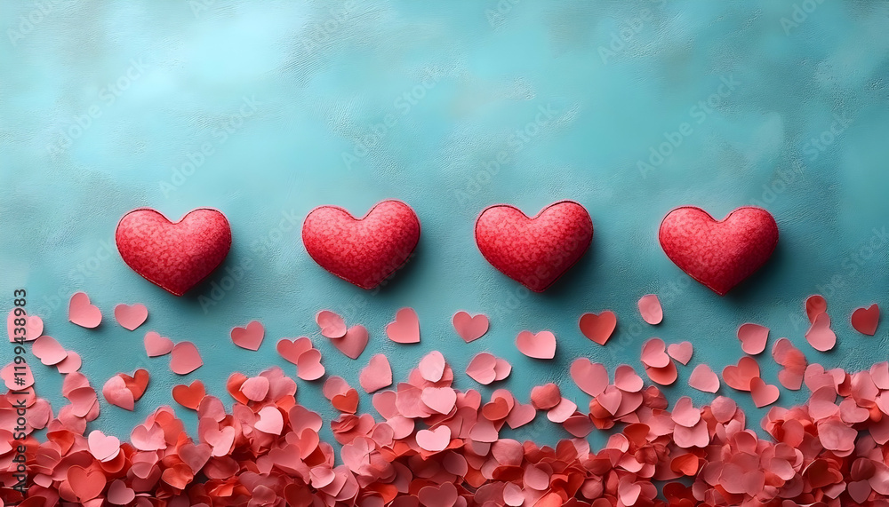 Obraz premium Four hearts, confetti, teal backdrop, Valentine's