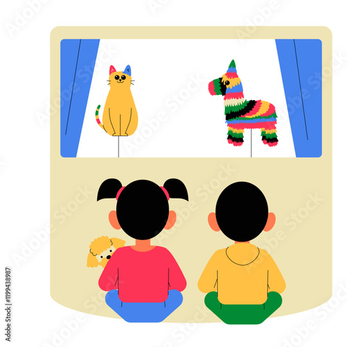 Принти на полотні Children Watching A Puppet Show In Flat Vector Illustration Symbolizing Entertai