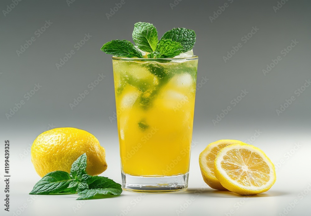 Fototapeta premium Refreshing Lemonade Cocktail Garnished with Mint Leaves and Ice Cubes Served in a Tall Glass with Fresh Lemon on the Side