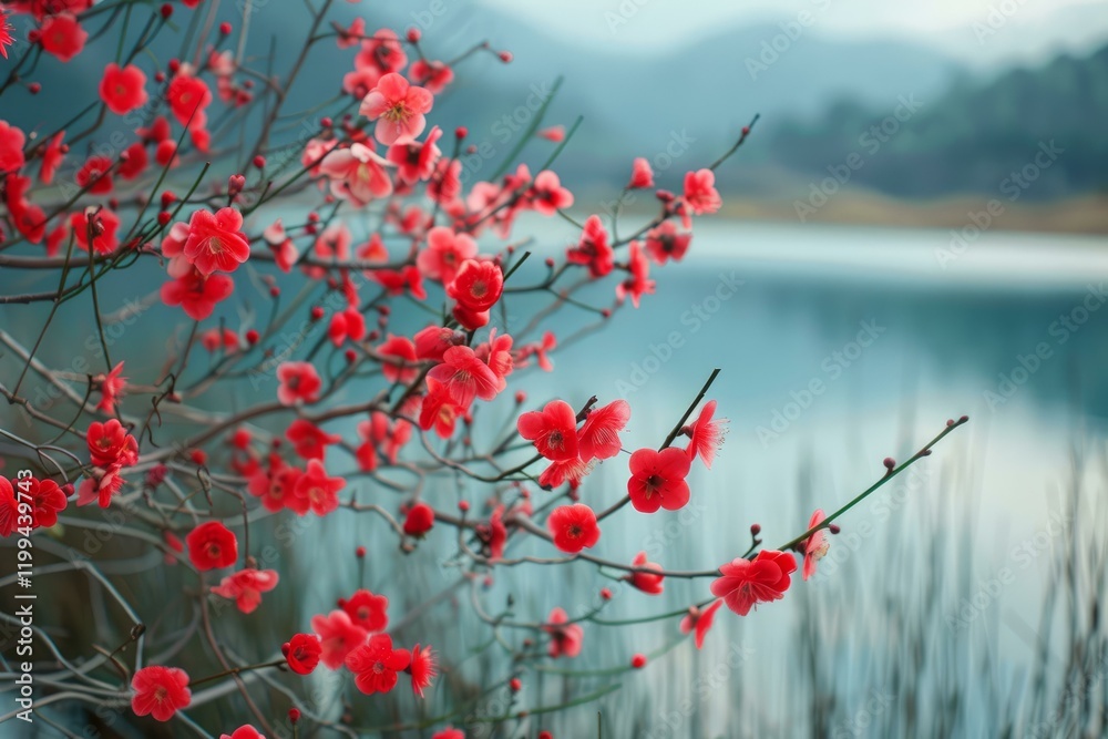 Red flowers blooming on branches near a serene lake, creating a peaceful and beautiful natural scene Red flowers blooming on branches near a serene lake, creating a peaceful and beautiful natural scene