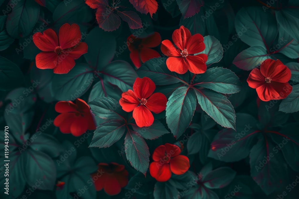 Vibrant red flowers stand out dramatically against a backdrop of deep teal toned leaves, creating a captivating natural scene Vibrant red flowers stand out dramatically against a backdrop of deep teal toned leaves, creating a captivating natural scene