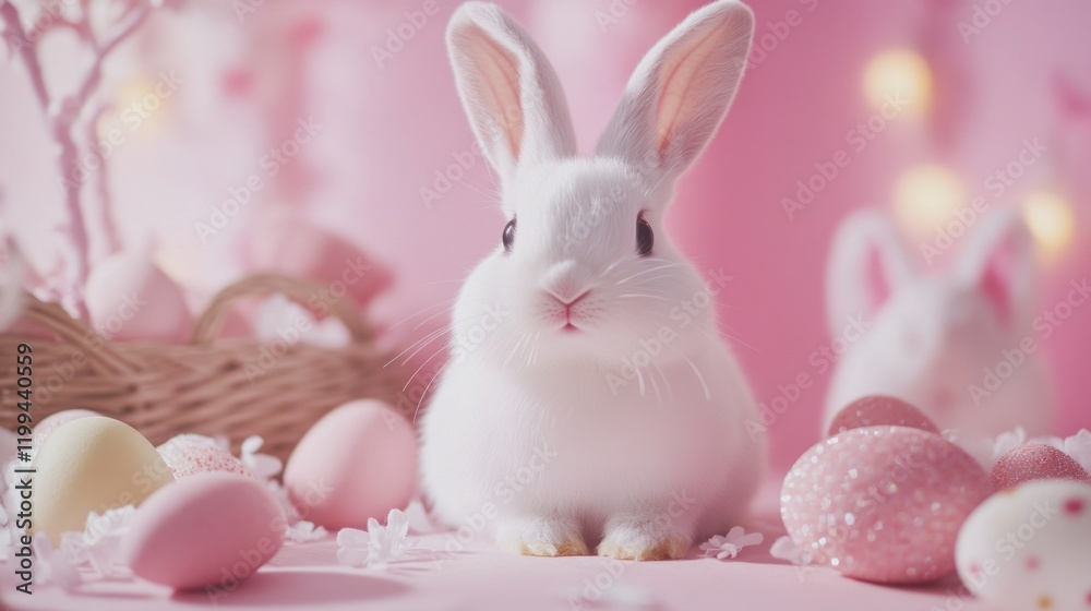 Fototapeta premium Adorable Easter Bunny with Pastel Eggs