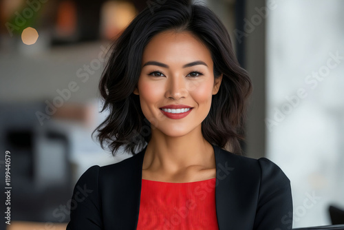 A woman in a red top and black blazer smiles at the camera