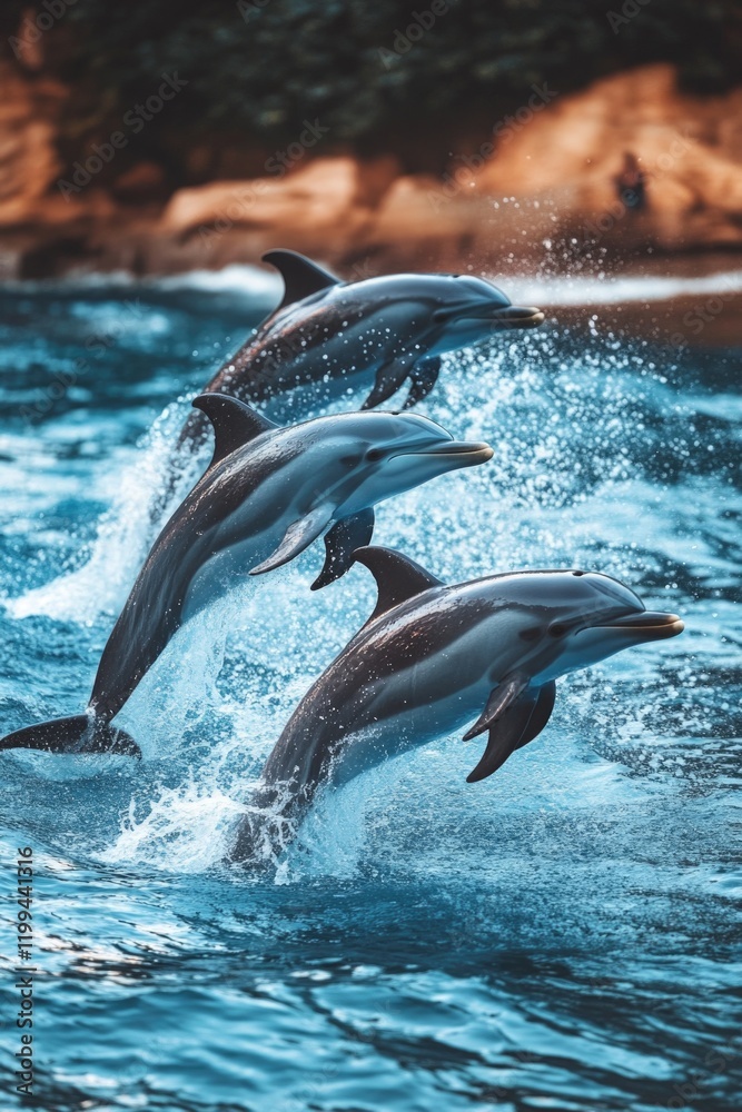 Fototapeta premium Dolphins playing and jumping in blue water with ocean background.