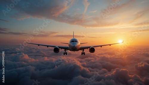 An airplane soaring above digital waves during sunset.