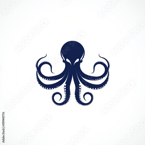 Dark blue octopus with curled tentacles on plain white background, useful for graphics photo