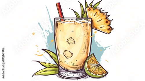 Refreshing Alcoholic Pina Colada Cocktail on White Background