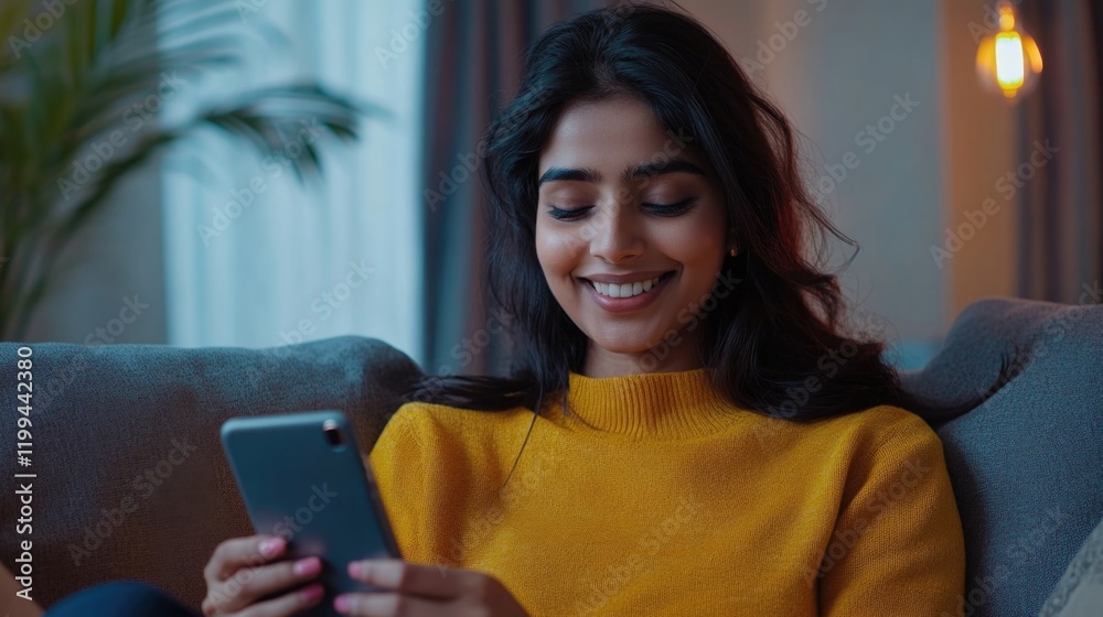 A woman smiling while texting on a smartphone, dressed in casual wear. A woman smiling while texting on a smartphone, dressed in casual wear.