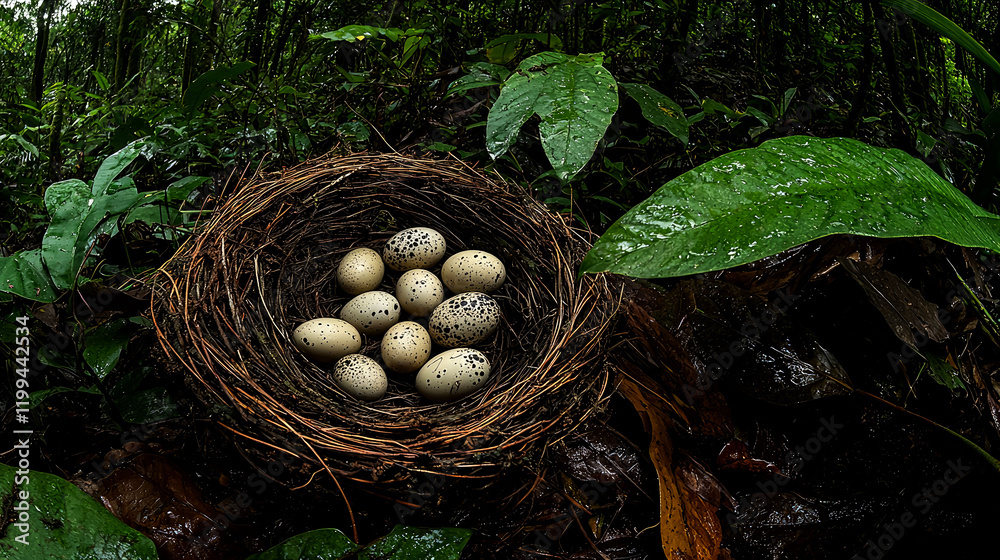 Speckled Bird Eggs in a Forest Nest: A Close-Up View of Nature's Beauty Speckled Bird Eggs in a Forest Nest: A Close-Up View of Nature's Beauty