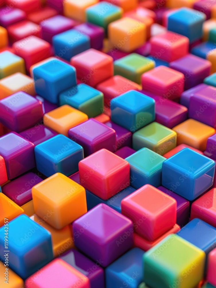 A collection of brightly colored cubes creating an abstract and vivid background. Ideal for graphic design, web design, print materials, advertising, or as a decorative texture. A collection of brightly colored cubes creating an abstract and vivid background. Ideal for graphic design, web design, print materials, advertising, or as a decorative texture.