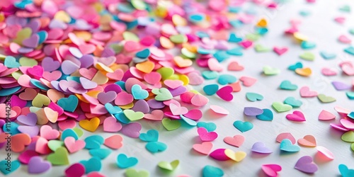 Colorful confetti with pink paper hearts scattered on a white background with a subtle gradient effect and soft focus