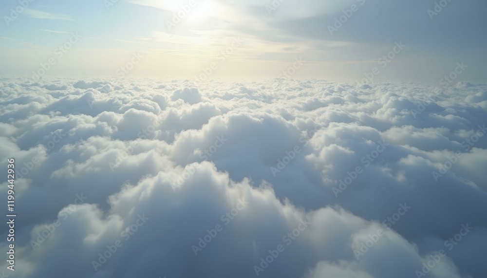 Fototapeta premium Aerial Wide Shot of Vast Fluffy Cloud Landscape with Soft Sunlight Peeking Through, Dreamy and Serene, Daytime