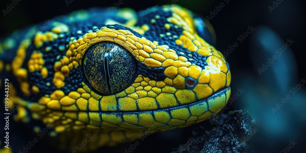 Obraz premium Vivid Yellow and Green Gecko against Dark Background