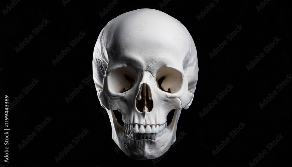 Anatomical Study of a Human Skull with Teeth and Jaw Bones on a Black Background Anatomical Study of a Human Skull with Teeth and Jaw Bones on a Black Background