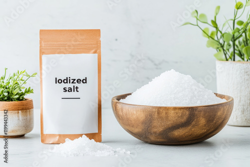 Iodized salt package next to a wooden bowl filled with salt crystals, highlighting the importance of iodized salt in preventing iodine deficiency photo