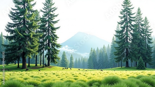 Glimpse into a serene meadow where deer graze amidst lush greenery, framed by a solitary pine on one side, creating an idyllic outdoor scene photo