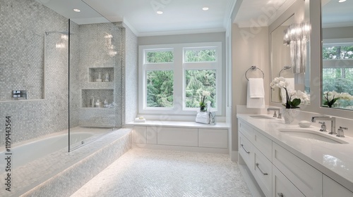 Wallpaper Mural Small bathroom design with creative storage, bright lighting, and hexagonal tiles for visual interest. Torontodigital.ca