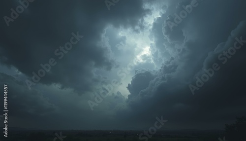 Stormy sky with dark clouds and a central light source, intense contrast, Distant Landscape, Wide Shot, Daytime