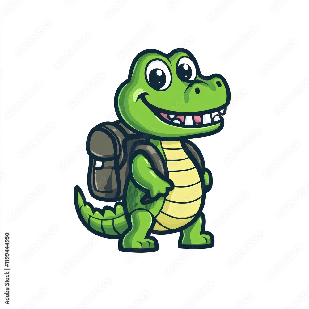 Fototapeta premium Green alligator with a backpack stands on a white background for a child's illustration