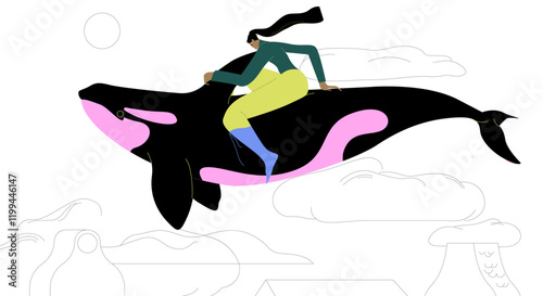 A woman flies on orca the endless sky. Creative concept of creativity. Vector illustration isolated on white background.