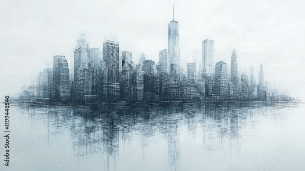 Fototapeta premium Sketchy cityscape reflected in water.