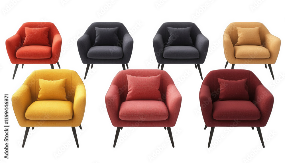 Obraz premium Stylish Modern Armchairs Set of Six Colorful Fabric Upholstery Home Decor